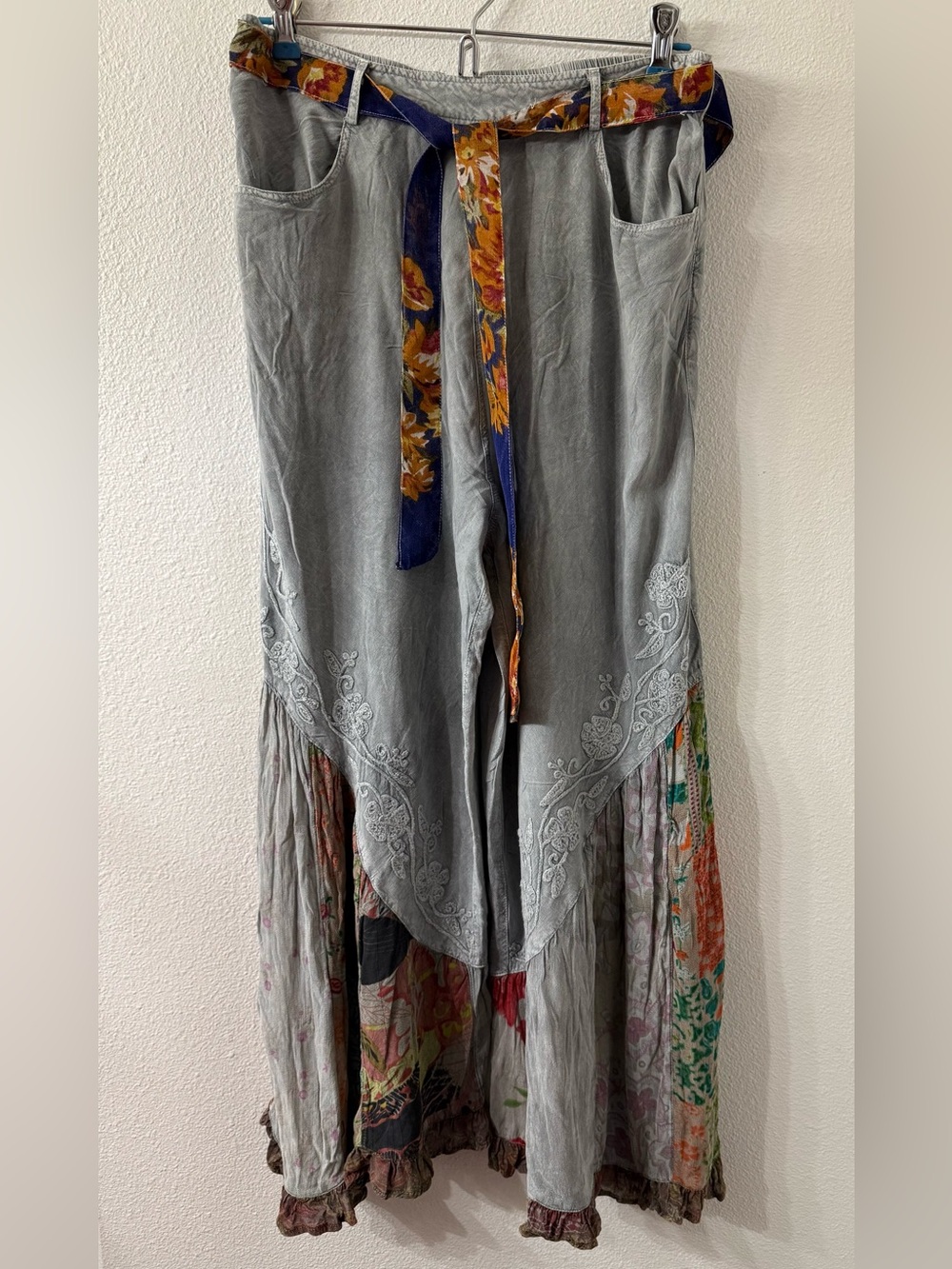 Young Threads Boho Grey Wide Leg Pants with Embroidery and Patchwork Hem